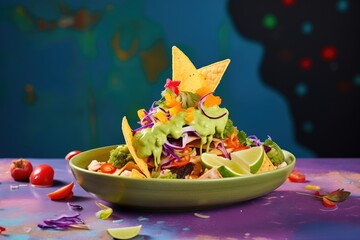 Wall Mural - cheesy nachos waterfall with side bowl of guacamole