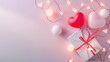 Craft a serene Valentine's Day sale banner. Feature a pair of heart balloons, a gracefully wrapped gift box, and gentle ball light decorations against a tranquil backdrop, copy space - Generative AI