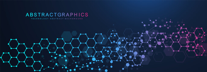 Poster - modern scientific background with hexagons, lines and dots. wave flow abstract background. molecular