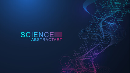 Poster - Modern scientific background with hexagons, lines and dots. Wave flow abstract background. Molecular structure for medical, technology, chemistry, science. Vector illustration