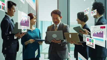 Poster - 会議するビジネスパーソンのグループとビジネスデータ