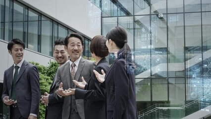 Aufkleber - 会議するビジネスパーソンのグループとデジタルテクノロジー