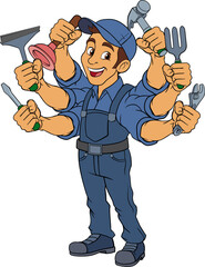 A handyman cartoon handy man caretaker construction worker or maintenance man multitasking caretaker concept.