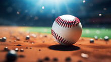 A Close-up Of A Baseball Resting On The Pitcher's Mound With Stadium Lights In The Background.
