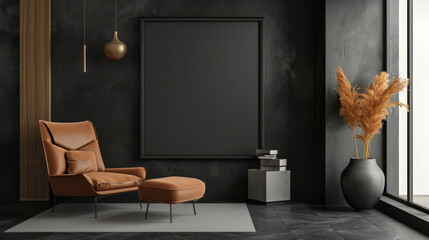 Frame mockup in modern dark home interior background. Generative Ai