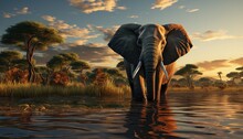 An Elephant Playing At A River's Edge