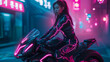 Korean young girl on a bik ein neon lights of the city
