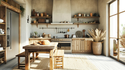 Wall Mural - Home mockup, nomadic boho kitchen interior with rustic decor. Generative Ai