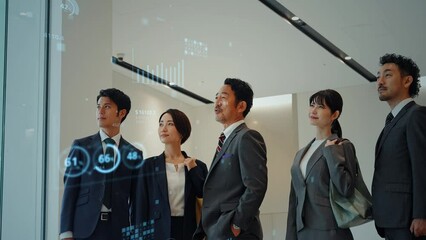 Fototapete - オフィスに立つビジネスパーソンのグループと統計データ
