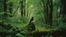  A Bird Sitting On Top Of A Moss Covered Log In The Middle Of A Lush Green Forest Filled With Trees.