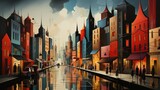 Fototapeta Uliczki -  a painting of a cityscape with people walking on the street and buildings on the other side of the river.