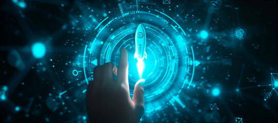 Wall Mural - a hand touching a rocket. How to improve web search engine ranking?, in the style of a futuristic spaceship design. online connectivity concept. business positioning. web industry leader