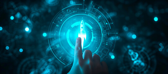 Wall Mural - a hand touching a rocket. How to improve web search engine ranking?, in the style of a futuristic spaceship design. online connectivity concept. business positioning. web industry leader