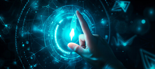 Wall Mural - a hand touching a rocket. How to improve web search engine ranking?, in the style of a futuristic spaceship design. online connectivity concept. business positioning. web industry leader