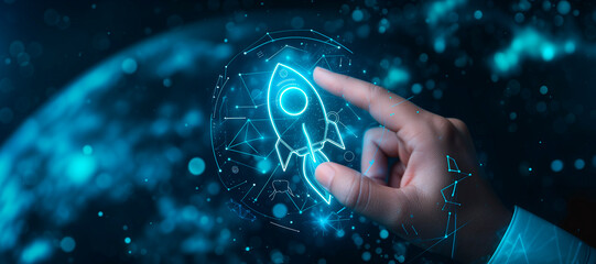 Wall Mural - a hand touching a rocket. How to improve web search engine ranking?, in the style of a futuristic spaceship design. online connectivity concept. business positioning. web industry leader