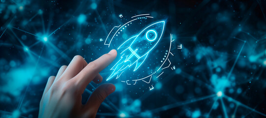 Wall Mural - a hand touching a rocket. How to improve web search engine ranking?, in the style of a futuristic spaceship design. online connectivity concept. business positioning. web industry leader
