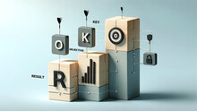 OKR Visualization- Objectives, Key Actions, And Results.3-dimensional OKR Concept Blocks Depicting Objectives Key Actions And Results To Illustrate Goal-setting And Achievement In Business Management.