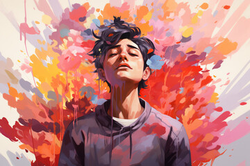 Emotional release. Colorful illustration of a man with closed eyes surrounded by bright splashes of paint