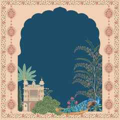 Wall Mural - Traditional Mughal night garden arch, plant, peacock illustration for invitation. Vector printable design