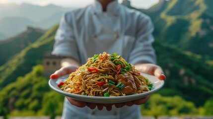 Wall Mural - Chef Holding a Plate of Delectable Chow Mein from China. Generative Ai.