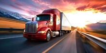 Semi Heavy Truck Powering Through Transportation Of Cargo On Road Freight Cruising Down Highway Amidst Traffic Vehicle Dedicated To Shipping Car Moving In Unison Capturing Motion And Speed Business