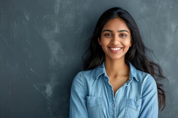 Wall Mural - Smiling Indian businesswoman looking at camera isolated on gray studio background.