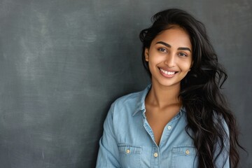 Wall Mural - Smiling Indian businesswoman looking at camera isolated on gray studio background.