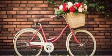 A Vintage Bicycle With A Basket Full Of Flowers , Vintage Bicycle, Basket, Flowers