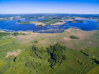 Poster - Aerial view of beautiful landscape of Seven Island Lake Nature Reserve, Oswin Lake, Mazury region, Poland