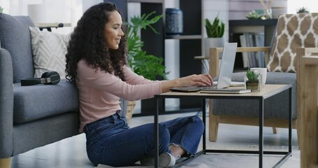 Canvas Print - Laptop, typing and happy woman in living room for remote work, writing email or research. Freelancer, computer and person in lounge at table on internet, reading information and communication in home