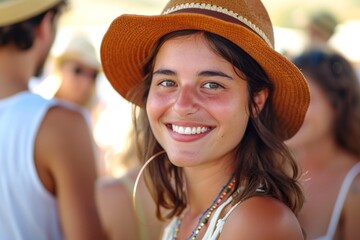 Wall Mural - Portrait of a smiling woman with a hat, casual summer vibe, blurred background.