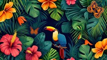 Tropical Exotic Pattern With Animal And Flowers In Bright Colors And Lush Vegetation
