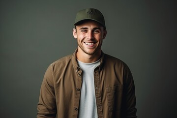 Portrait of a smiling young man in a baseball cap over gray background.