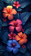 Exotic Floral Composition Featuring Vibrant Hibiscus Flowers In Shades Of Orange, Pink, And Blue, Nestled Among Dark Tropical Monstera Leaves, Perfect For Wallpaper And Background 
