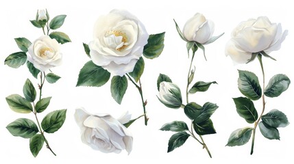 Wall Mural - Set of watercolor on floral white rose branches. Wedding concept a white background