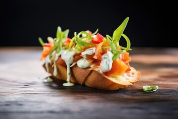 Canvas Print - bruschetta with melted mozzarella, basil leaves on top, close view