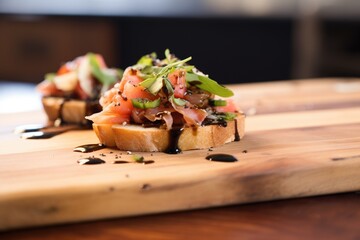 Poster - close-up, bruschetta bite with balsamic glaze, on a wooden board