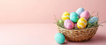 Colorful Easter Eggs In The Basket, On A Light Pink Background With Empty Copy Space