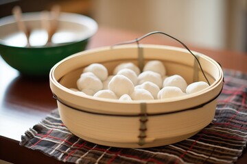 Sticker - basket of dumpling dough balls ready to be cooked