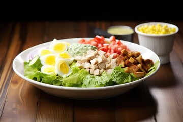 Wall Mural - brightly lit cobb salad on a dark wooden table