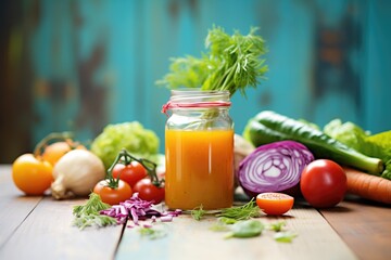 Wall Mural - cold-pressed juice in mason jar, surrounded by fresh ingredients