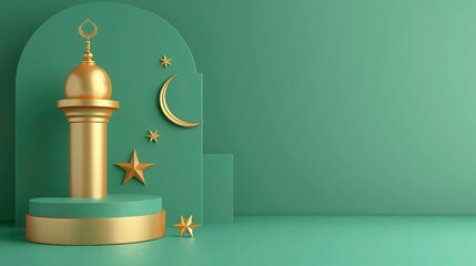 ramadan kareem sale banner background, solid green background with 3d render moon and star, ramadan sales podium backgroud