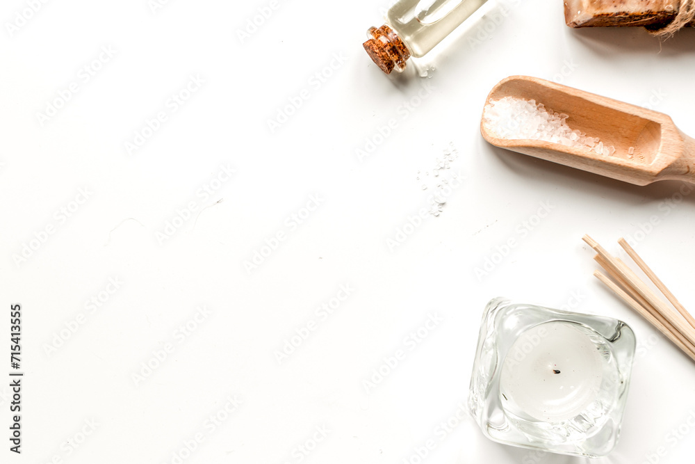 Aromatherapy SPA set with salt and natural oil white background top view mockup