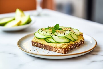 Canvas Print - hummus spread on toast, topped with cucumber slices and sesame