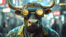 Funny Cow With Goggles In Urban Setting
