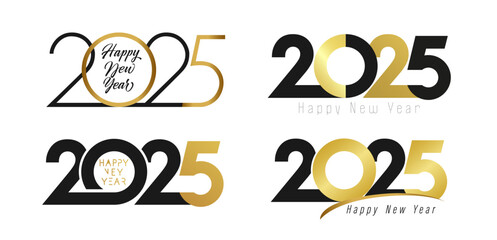 Wall Mural - Set of creative number icons. Happy New Year 2025 design concepts. Two colors template. Typographic congrats. Greeting card collection. Black and gold graphics. Trendy typography. Holiday decoration.