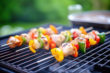 Wall Mural - grilled chicken skewers with bell peppers on a bbq grill