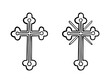 Orthodox christian trefoil cross isolated on white. Black line drawing sketch, church crucifix with rays. Vector illustration of Orthodox religion and traditions, christian holidays design, print.