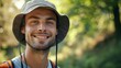 Portrait of a young smiling white male wearing bucket hat camping in nature, background image, generative AI