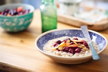 Wall Mural - close-up of barley porridge with a swirl of berry compote